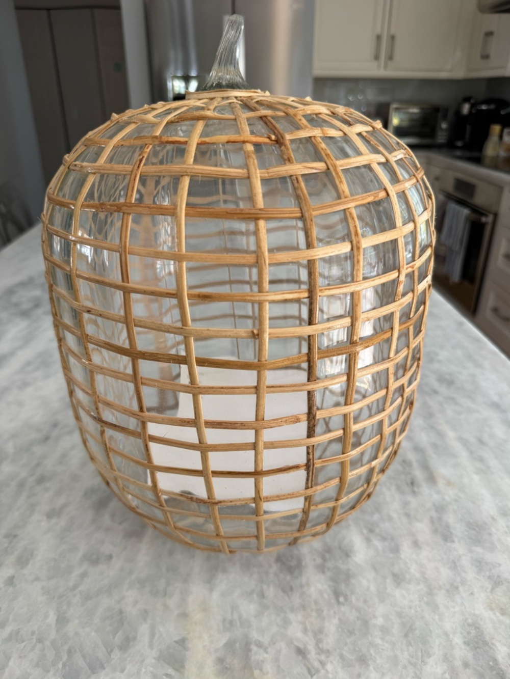 Pottery Barn Recycled Glass Pumpkin with Natural Rattan Cage